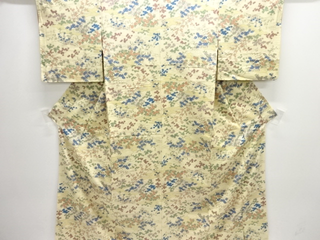 アンティーク　雲に草花模様上代紬着物